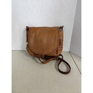 Fossil Cognac Brown Leather Flap Crossbody Messenger Bag with Key Charm‎